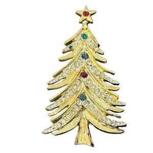LJM vintage gold tone colorful rhinestones Christmas tree holiday brooch pin